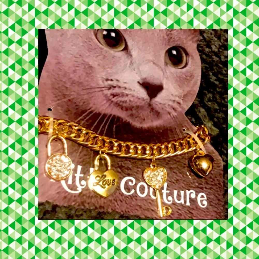 New “Kitty Couture” Fashion Cuban Link Thick Golden Chain Cat Four Charms Collar